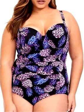 Torrid Purple Pink Black Pineapple One-Piece Swimsuit Demi Slim Fit 3X